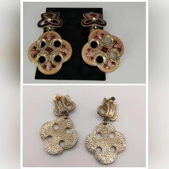 Vintage Gold tone Filigree Design Maroon Enamel Rose Stone Clip On Earrings - Picture 1 of 7